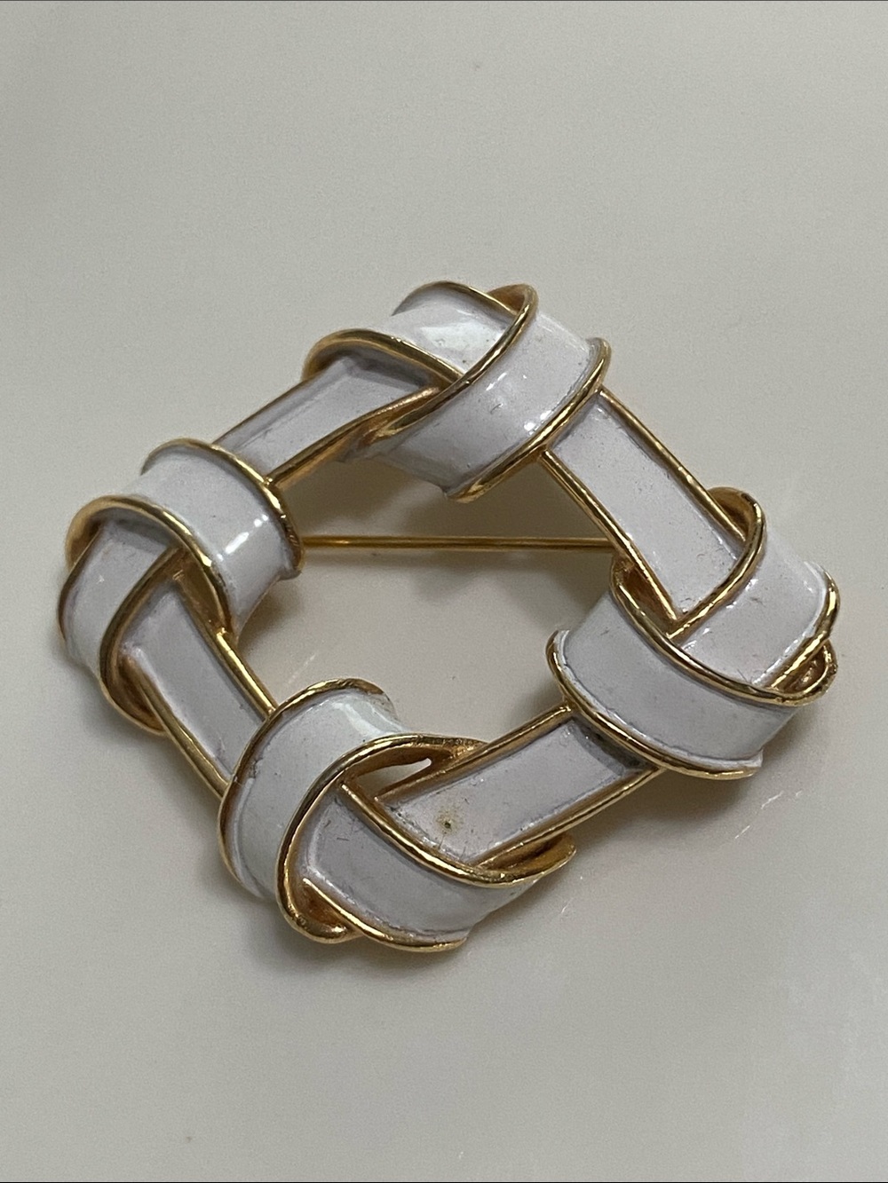 VTG White Enamel and Gold-Tone Woven Square Brooch